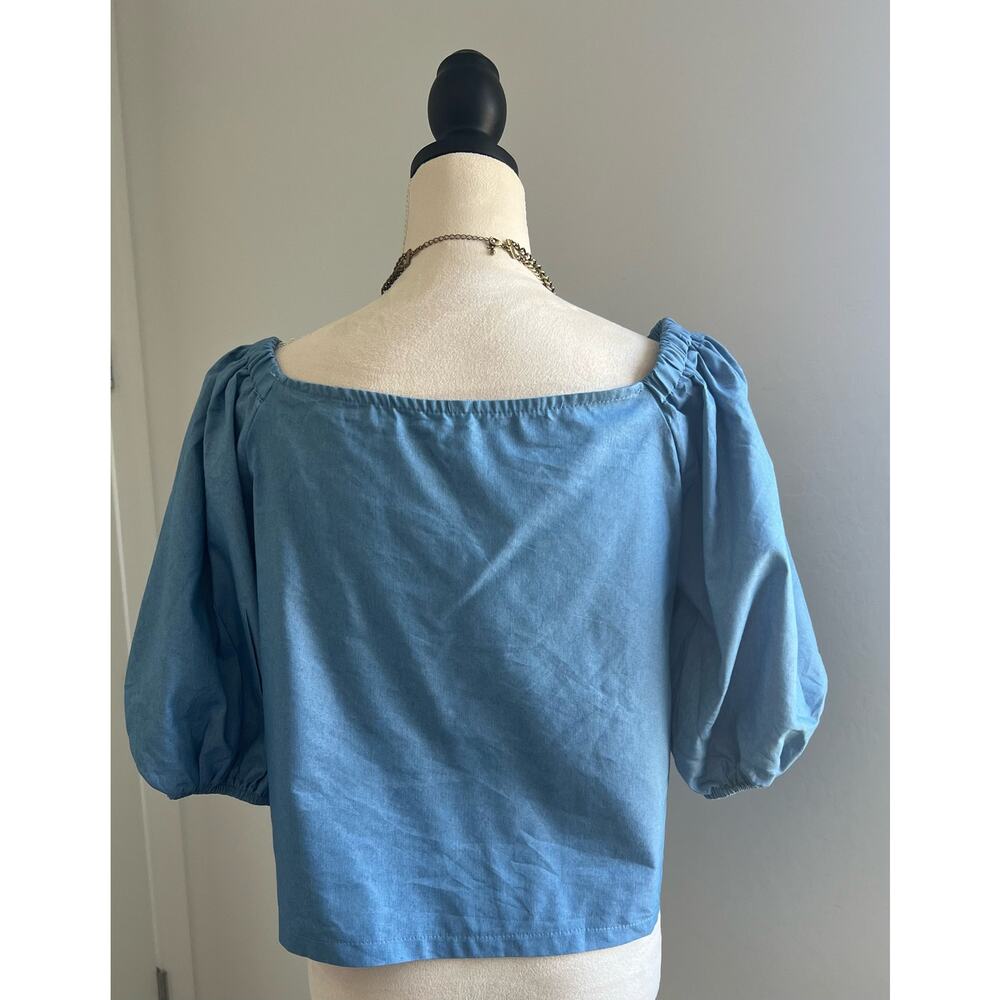 NEW Retro Off Shoulder Chambray Puff Sleeve Button Up Cotton Blend Blouse 2XL - Picture 7 of 7